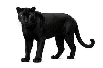 A majestic black panther stands alert, gazing forward with calm strength, its muscular body and glossy fur detailed vividly on a white backdrop.