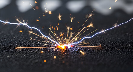 Dynamic electrical sparks flying with fiery energy and brilliant light on dark surface, perfect for science, technology, and innovative projects