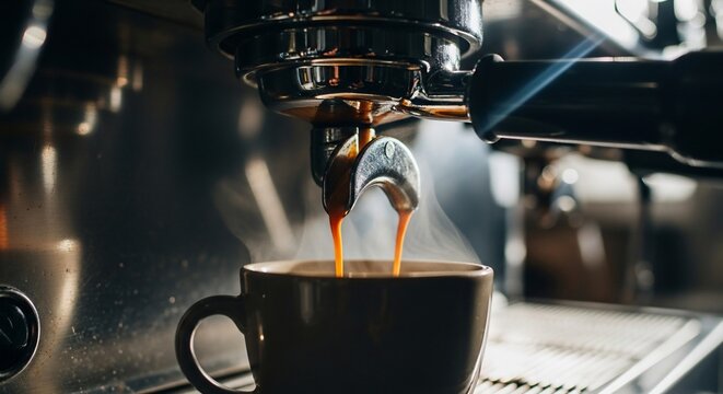 Professional espresso machine pouring a fresh double shot of coffee.