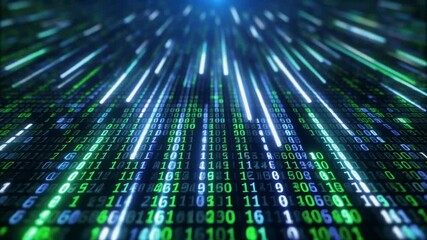 Abstract representation of digital data streams flowing rapidly, symbolizing information technology and the future of communication and connectivity in a blue and green gradient - Powered by Adobe