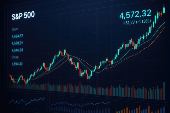 S&P 500 Stock Market Candlestick Chart with Moving Averages and Volume Bars S&P 500 finance