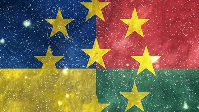 A geometric abstract divided into four quadrants with yellow stars, amidst a snowy backdrop