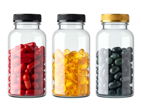 Three clear glass jars holding colored pills, capsules, and softgels with black/gold lids - Powered by Adobe