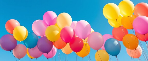 Pastel rainbow colored balloons floating against a bright blue sky, helium, air