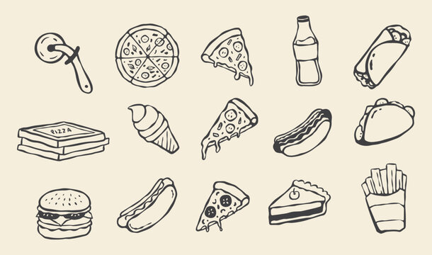 hand drawn fast food icons set