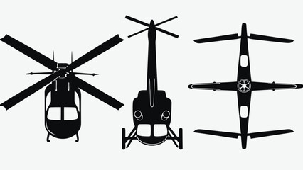 Dynamic overhead silhouettes of airplanes and helicopters reveal modern aviation technology
