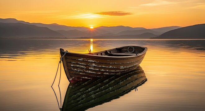 Serene Boat Reflecting Golden Sunset Over Calm Water - Powered by Adobe