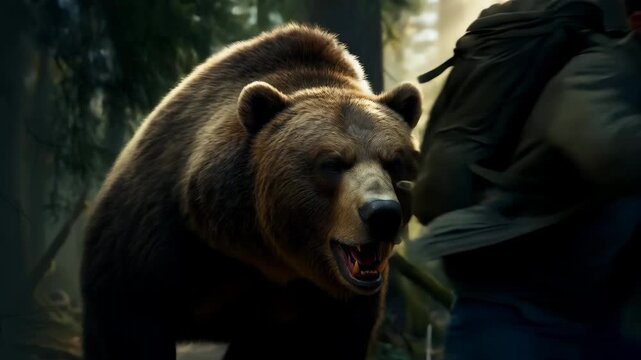 Terrified hiker with a backpack runs from a chasing brown bear in the woods. A dangerous wildlife encounter during an outdoor adventure. Dynamic eye level view.