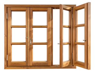 Wooden multi-pane window with open casement doors
