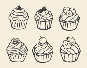 set of cupcakes line art