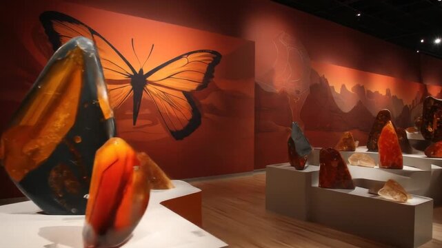 Museum installation features large amber pieces in a display, with butterfly mural and landscape painting