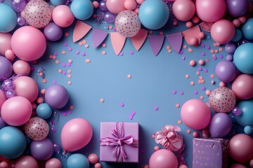 Purple Balloons And Gift Boxes On Blue Background