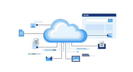 Cloud computing data transfer and storage concept with digital network elements and icons
