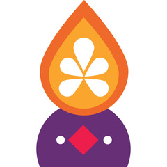 Abstract orange fire shape above purple character with white petals and red diamond on white background