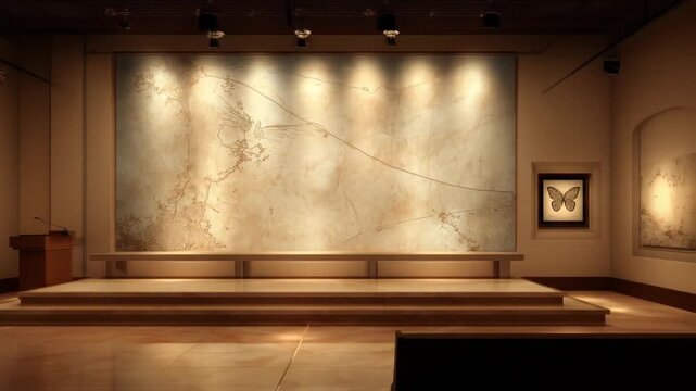 A presentation space features a large textured map, butterfly art, stage, and warm lighting