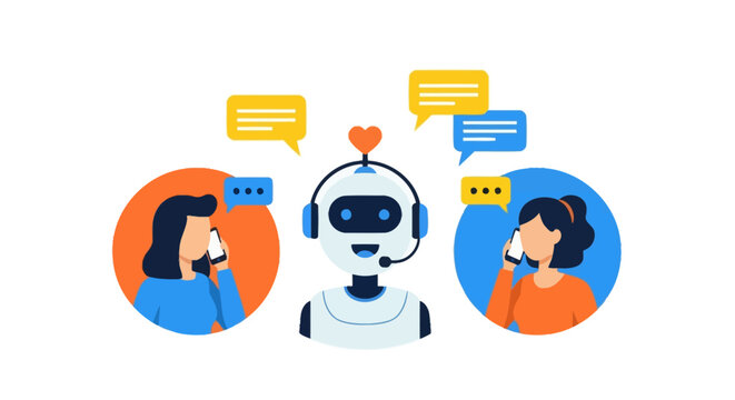 Customer service chatbot interacting with two clients on separate phones, symbolizing modern communication and assistance