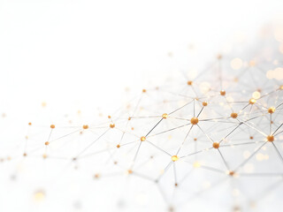 Ultra-detailed white background with abstract tech network featuring glowing amber dots connected by delicate plexus lines creating elegant geometric mesh visualization patterns