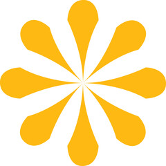 Abstract orange flower shape with eight petals symmetrically arranged around a central point on a transparent background