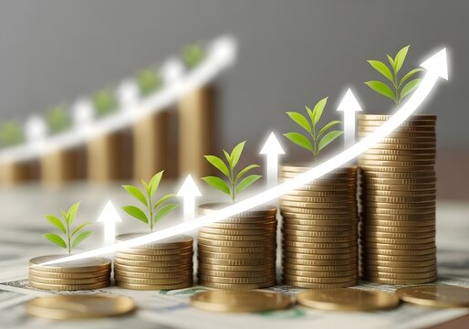 Growing Investments Stacks of Coins, Green Plants, and Upward Arrow Illustrate Financial Growth, Investment Strategies, and Sustainable Business Success on Dollar Bills