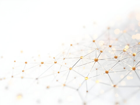 Ultra-detailed white background with abstract tech network featuring glowing amber dots connected by delicate plexus lines creating elegant geometric mesh visualization patterns