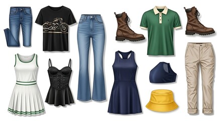 Diverse Clothing Collection: A Versatile Wardrobe with Jeans, Dresses, Tops, Boots, and Hat