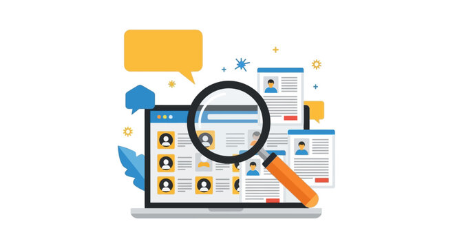 Online recruitment and candidate search with a magnifying glass over a laptop screen displaying profiles, representing job search and human resources
