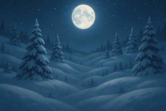 Serene snowy landscape under moonlight background