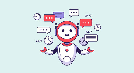 Friendly chatbot offering 24/7 customer support with speech bubbles and clocks, illustrating automated communication and service availability