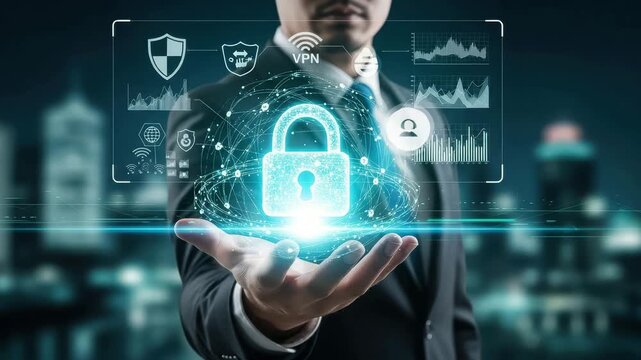 Cybersecurity concept with a businessman holding a glowing padlock and digital network