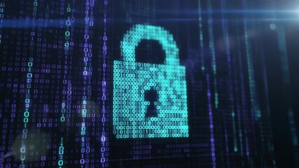 Digital padlock icon made of binary code representing cybersecurity and data protection - Powered by Adobe