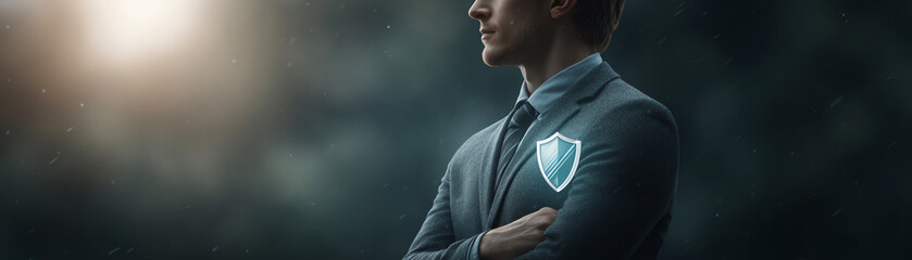 Confident businessman leader with glowing shield icon. concept of security, protection and defending against threats with modern technology