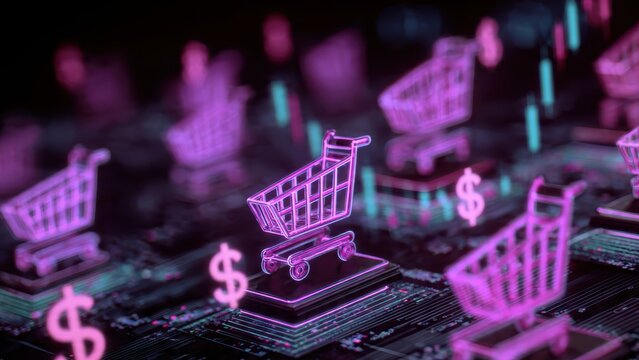 A vibrant digital representation of shopping carts and dollar signs, symbolizing online commerce and e-commerce trends in a tech-focused environment.
