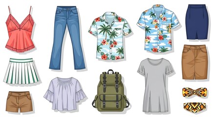 Wardrobe assortment including summer outfits and casual wear displayed on a white background.