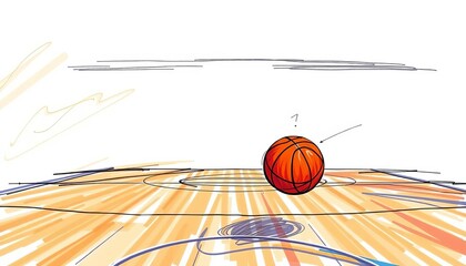 Dynamic basketball sketch showing dribble, movement, and court lines,  action,  drawing