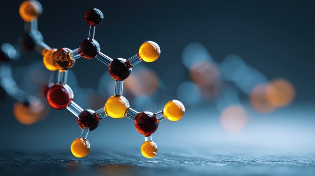 Test Fungal Solution. Molecular structure with colorful atoms and blurred background lighting.
