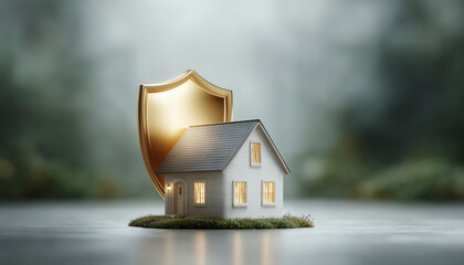 Secure home property concept with golden shield for protection and security. safe house model represents family insurance and investment