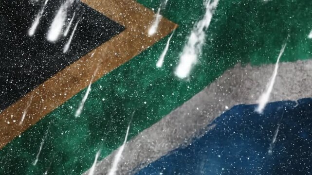 A flag-like artwork featuring colorful stripes and white streaks resembling comets or meteors against a starry background