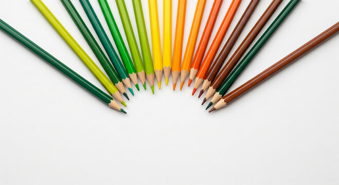 A spectrum of colored pencils arranged in a semicircle on a white background, , creating a vibrant and artistic display