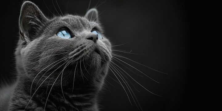 Gray Cat With Blue Eyes In Shadows