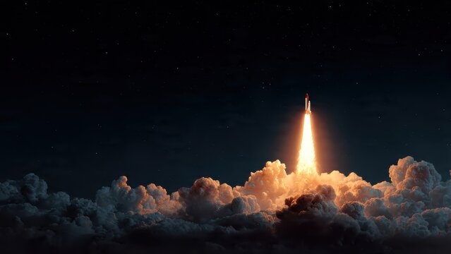 A rocket launches into the night sky, illuminating clouds with a fiery glow, symbolizing exploration and technological advancement.