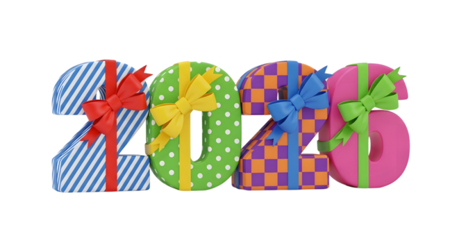 2026 giftbox style number for new year on transparent background