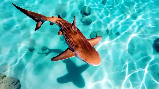Aerial view of a shark swimming in clear turquoise water with sunlight filtering through the surface.
