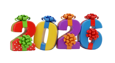 2026 giftbox style number for new year on transparent background