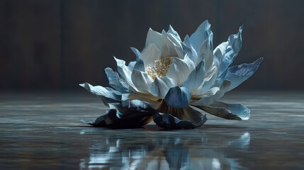 A striking white lotus flower rests on reflective water, with its petals gracefully unfurling under a subtle dim light.