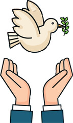 Symbolic dove with olive branch soaring above outstretched hands, representing peace, hope, and freedom in a vibrant, uplifting composition