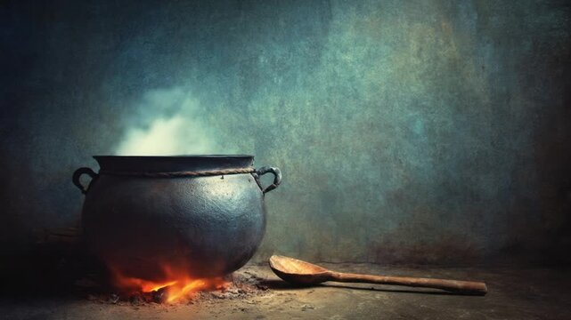 A large cauldron steams over an open fire, a wooden spoon lies nearby