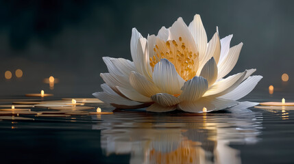 A serene white lotus flower blooming on water, surrounded by glowing candles under a dusky, tranquil atmosphere.