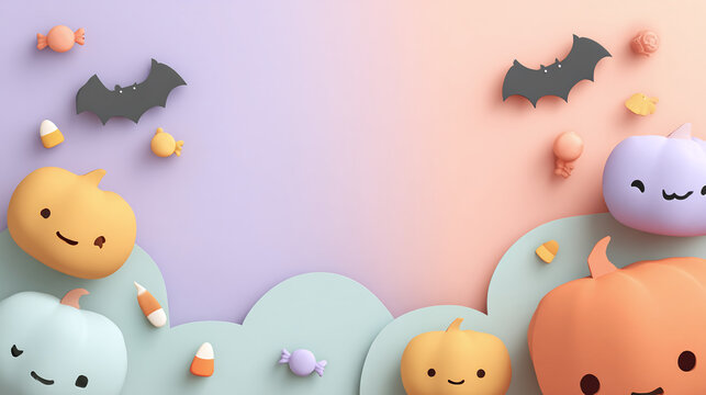 Festive Halloween-themed illustration with pumpkins and candies. Cute cartoonish render perfect for seasonal celebrations