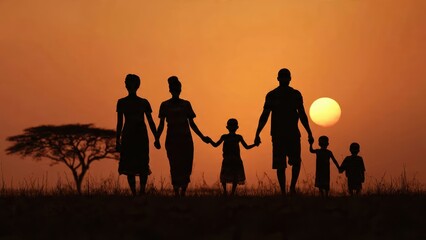Fototapeta premium A silhouette of a family holding hands against a vibrant sunset, with an acacia tree in the background, evoking togetherness and tranquility.