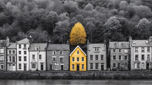 Fototapeta Selective color photo of yellow house among grayscale row houses on riverside